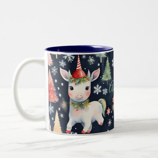 Schattigee Kerst Eenhoorn Custom Holiday Tweekleurige Koffiemok (Links)
