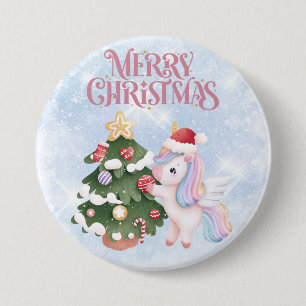 Schattigee Kerst Eenhoorn op Sparkle Blue Sky Ronde Button 7,6 Cm