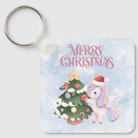 Schattigee Kerst Eenhoorn op Sparkle Blue Sky Sleutelhanger (Voorkant)