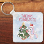Schattigee Kerst Eenhoorn op Sparkle Blue Sky Sleutelhanger (Voorkant)