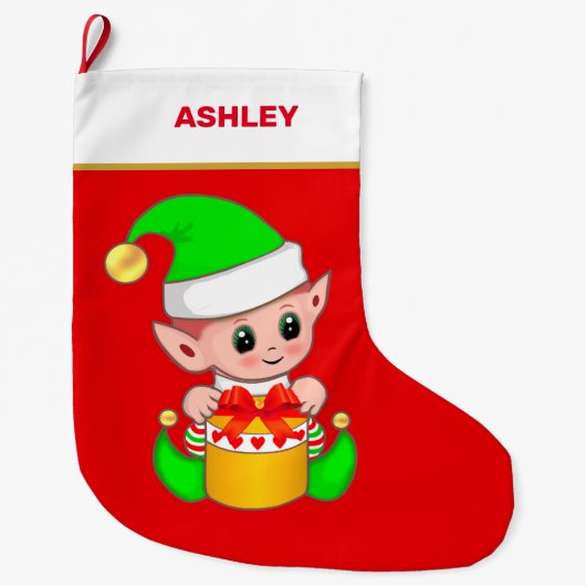 Schattigee Kerst Elf & Gift Box op Rood Grote Kerstsok (Voorkant)