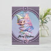 Schattigee kerst elf in delicate paarse kleuren feestdagenkaart (Staand voorkant)