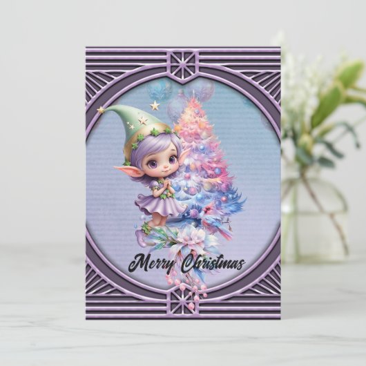 Schattigee kerst elf in delicate paarse kleuren feestdagenkaart (Staand voorkant)