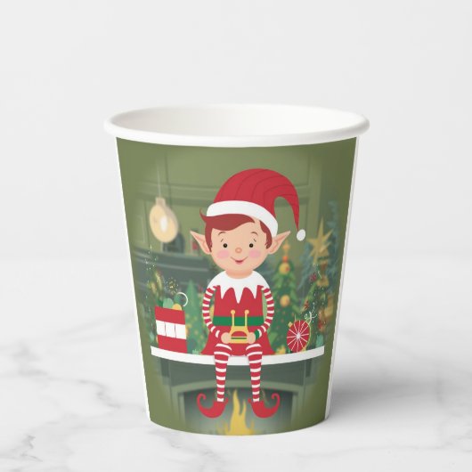 Schattigee kerst elf op plank papieren bekers (Achterkant)