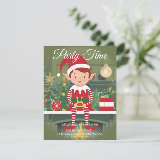 Schattigee kerst elf op plank uitnodiging (Staand voorkant)