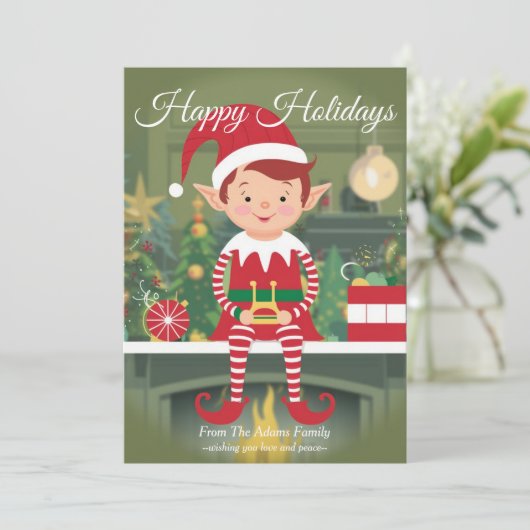 Schattigee kerst elf op plank vakantie Kaart (Staand voorkant)