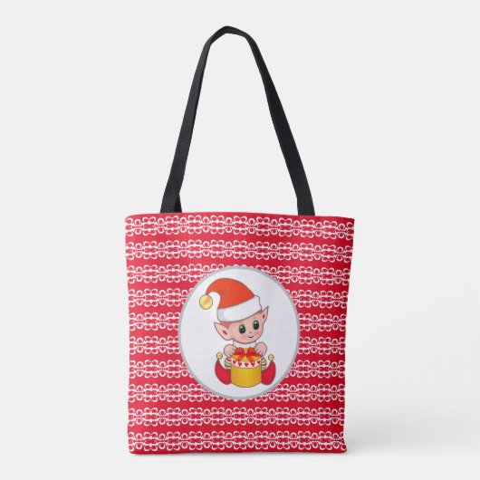 Schattigee kerst elf op rood en wit tote bag (Achterkant)