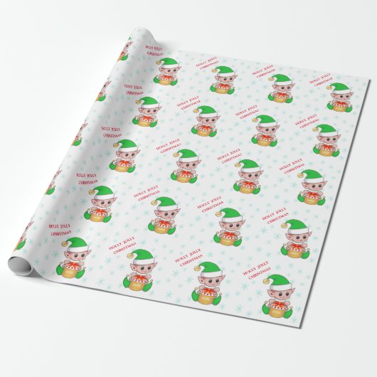Schattigee Kerst Elf & Sneeuwvlokken Cadeaupapier (Uitgerold)