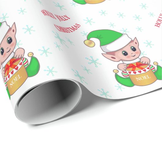 Schattigee Kerst Elf & Sneeuwvlokken Cadeaupapier (Rol Hoek)