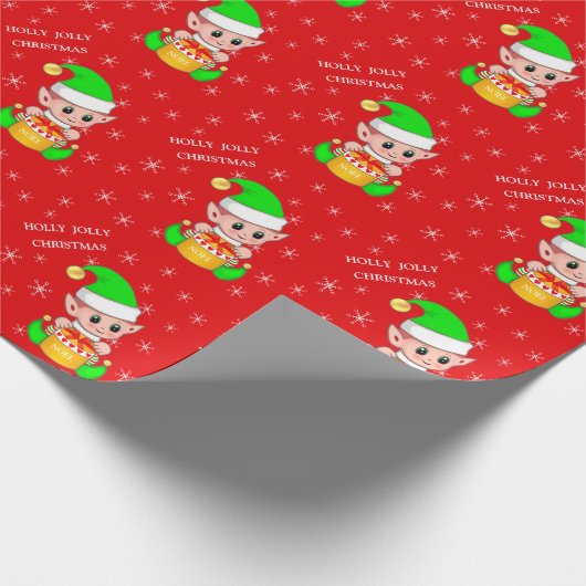 Schattigee Kerst Elf & Sneeuwvlokken op Rood Cadeaupapier (Hoek)