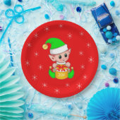 Schattigee Kerst Elf & Sneeuwvlokken op Rood Papieren Bordje (Feest)