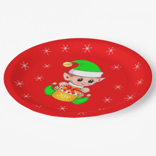 Schattigee Kerst Elf & Sneeuwvlokken op Rood Papieren Bordje (Gekanteld)