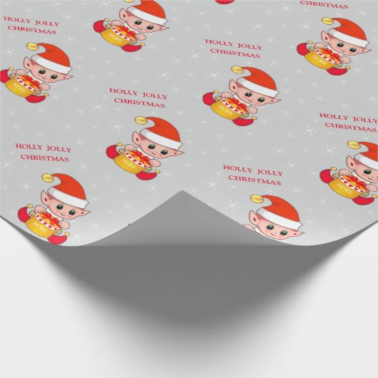Schattigee Kerst Elf & Sneeuwvlokken op Zilver Cadeaupapier (Hoek)