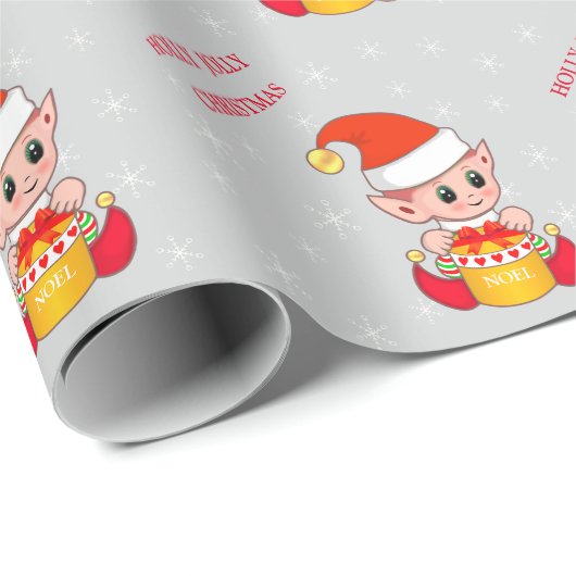 Schattigee Kerst Elf & Sneeuwvlokken op Zilver Cadeaupapier (Rol Hoek)