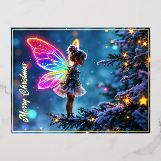 Schattigee kerst fee gradient neon vleugels folie feestdagen briefkaart (Voorkant)