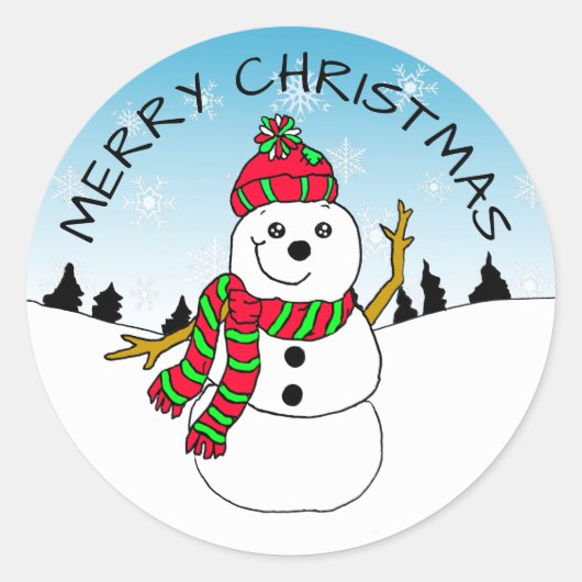 Schattigee kerst Feestelijke Sneeuwman en Sneeuwvl Ronde Sticker (Voorkant)