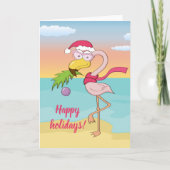 Schattigee kerst flamingo op het strand Aangepaste Feestdagen Kaart (Voorkant)