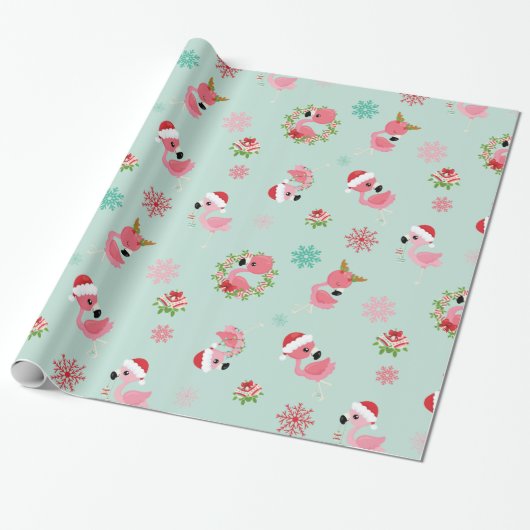 Schattigee kerst Flamingo Sneeuwvlok Cadeaupapier (Uitgerold)