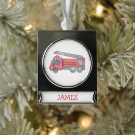 Schattigee Kerst gepersonaliseerde brandweerwagen  Verzilverd Banner Ornament