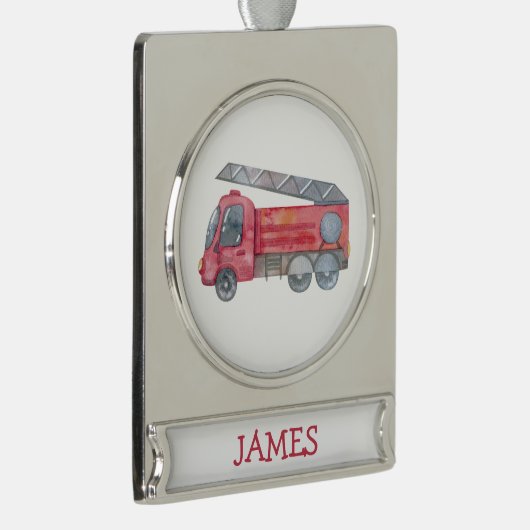 Schattigee Kerst gepersonaliseerde brandweerwagen  Verzilverd Banner Ornament (Rechts)