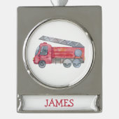 Schattigee Kerst gepersonaliseerde brandweerwagen  Verzilverd Banner Ornament (Voorkant)