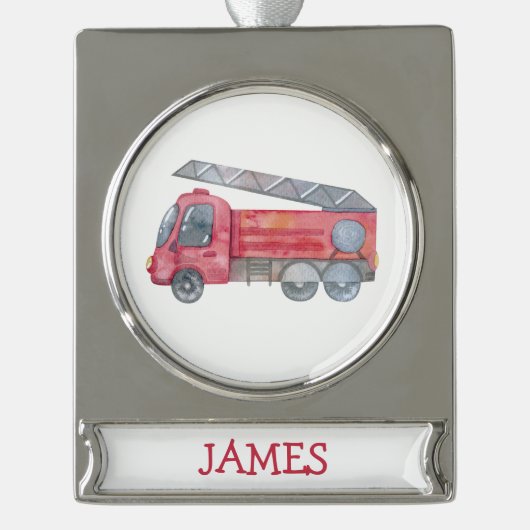 Schattigee Kerst gepersonaliseerde brandweerwagen  Verzilverd Banner Ornament (Voorkant)
