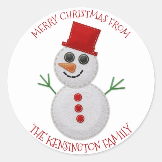 Schattigee kerst gevoelde sneeuwman envelop afdich ronde sticker (Voorkant)