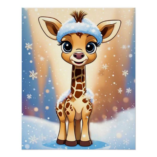 Schattigee Kerst Giraffe in Beanie Pet MIJN EIGEN  Perfect Poster (Voorkant)