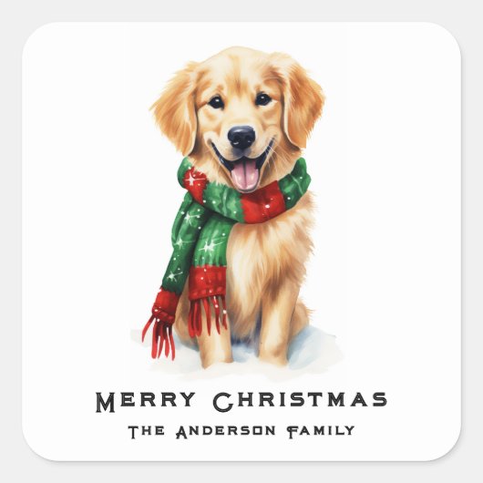 Schattigee Kerst Golden Retriever Waterverf Custom Vierkante Sticker (Voorkant)
