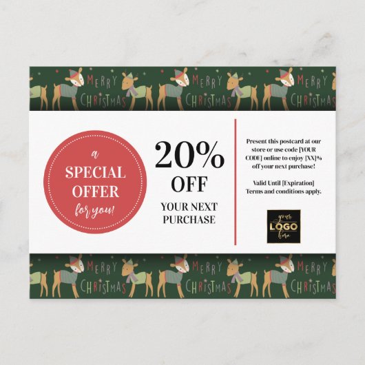 Schattigee kerst herten aangepaste coupon korting briefkaart (Voorkant)