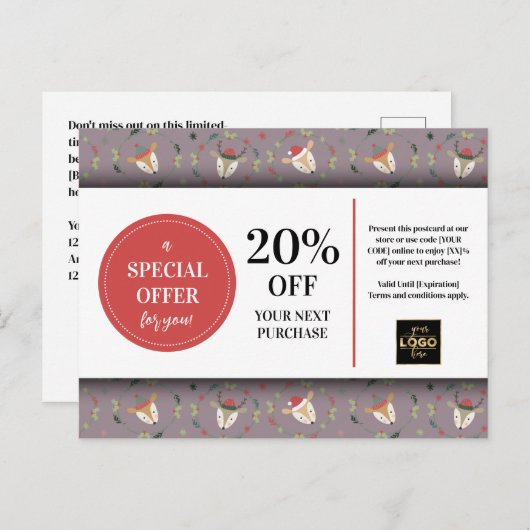 Schattigee kerst herten aangepaste coupon korting briefkaart (Voorkant / Achterkant)