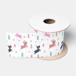 Schattigee kerst herten en bomen illustratie wit satijnen lint