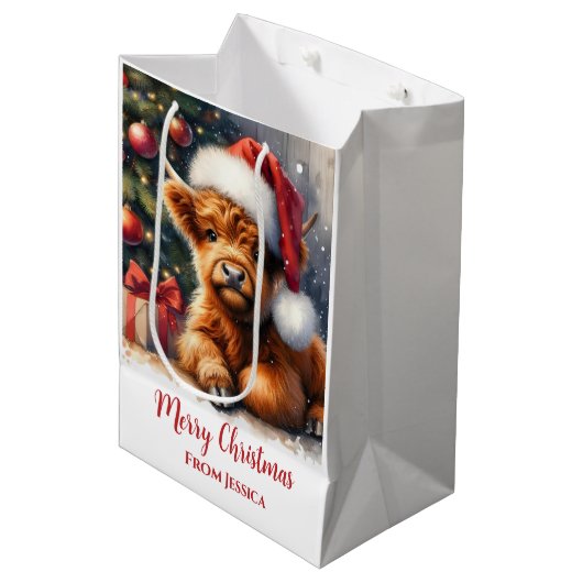 Schattigee kerst Highland Koe Medium Cadeauzakje (Voorkant Gekanteld)