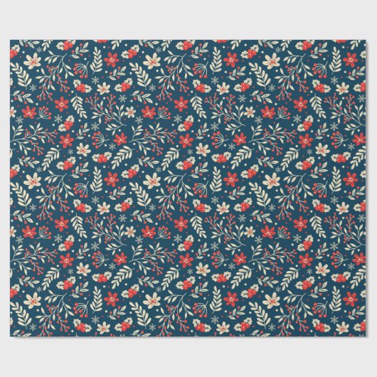 Schattigee Kerst Holly Mistletoe Bloemen Rood Blau Cadeaupapier (Vlak)
