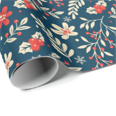 Schattigee Kerst Holly Mistletoe Bloemen Rood Blau Cadeaupapier (Rol Hoek)