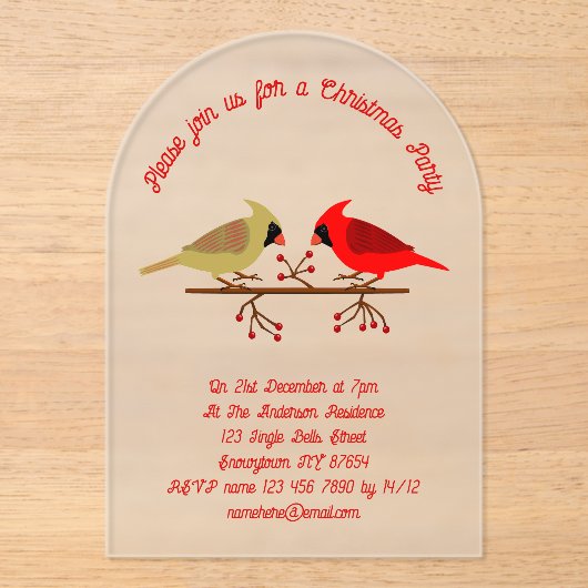 Schattigee Kerst Kardinalen en Rode Bessen Custom Acryl Uitnodigingen (Voorkant)