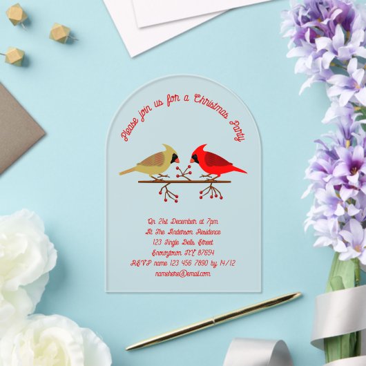 Schattigee Kerst Kardinalen en Rode Bessen Custom Acryl Uitnodigingen (Insitu (Huwelijk))