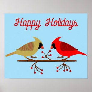 Schattigee Kerst Kardinalen en Rode Bessen Custom Poster