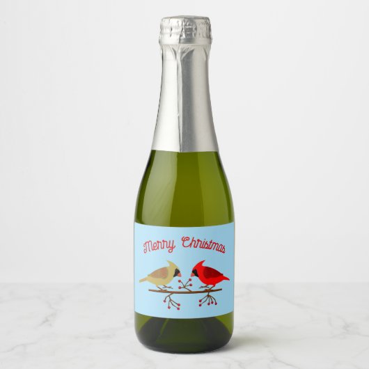 Schattigee Kerst Kardinalen en Rode Bessen Custom Sparkling Wijnetiket (Voorkant)