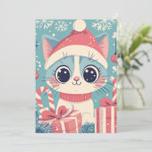 Schattigee Kerst Kat Candy Canes Gifts Kawaii Feestdagenkaart (Staand voorkant)