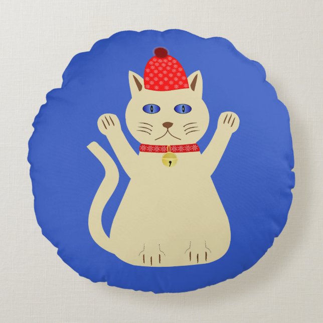 Schattigee Kerst Kat Custom Dubbelzijdig Rond Kussen (Voorkant)