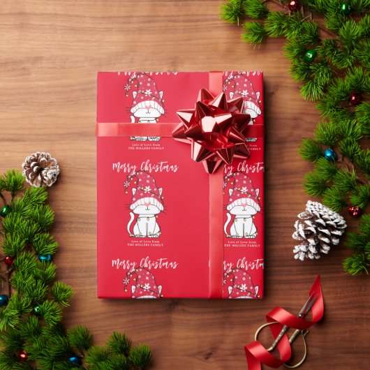 Schattigee Kerst Kat Custom Naam Rood Inpakpapier (Feestdagen Geschenken)