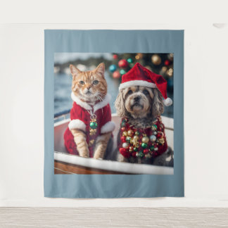 Schattigee Kerst Kat en Hond Zeilen Vintage Wandkleed