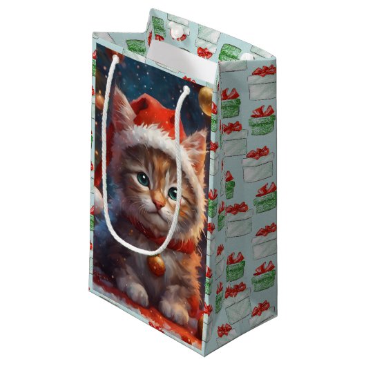 Schattigee Kerst Kat Gift Bag Klein Cadeauzakje (Voorkant Gekanteld)
