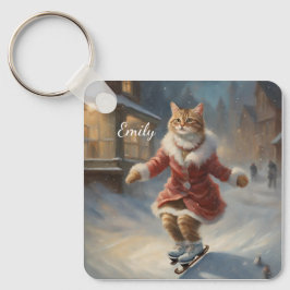 Schattigee kerst kat schaatsen speels sleutelhanger