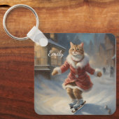 Schattigee kerst kat schaatsen speels sleutelhanger (Voorkant)