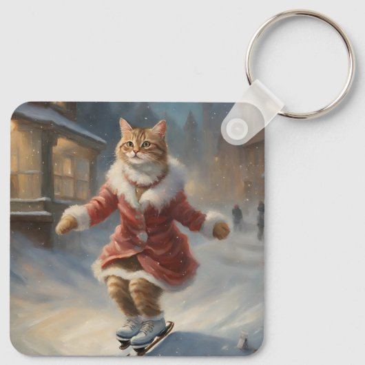Schattigee kerst kat schaatsen speels sleutelhanger (Achterkant)