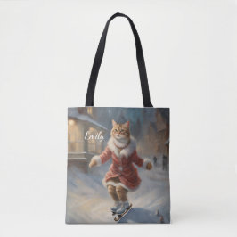 Schattigee kerst kat schaatsen speels tote bag