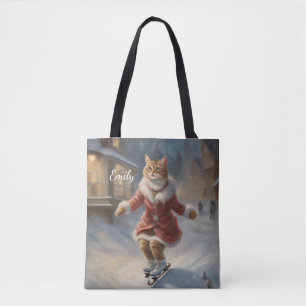 Schattigee kerst kat schaatsen speels tote bag