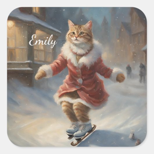 Schattigee kerst kat schaatsen speels vierkante sticker (Voorkant)